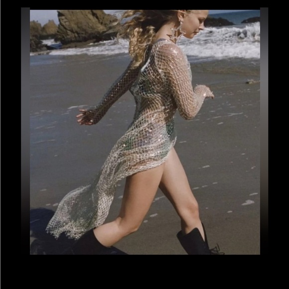 For Love & Lemon’s Fawn long sleeve silver sparkling fishnet dress NWT - Picture 2 of 11